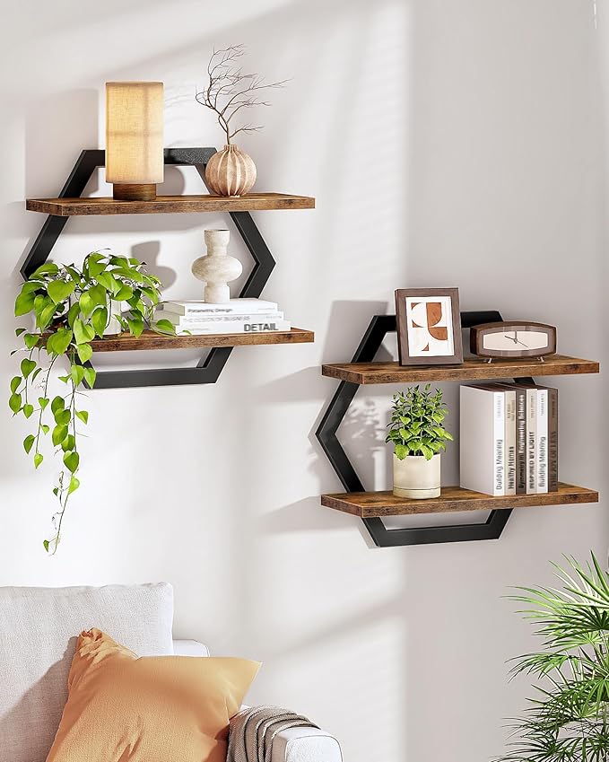 Hexagon Floating Shelves for Wall, Set of 2, 2 -Tier Hanging Shelves, Wall Mounted Storage Shelves, for Living Room, Bedroom, Kitchen, Home Office, Study, Rustic Brown and Black TBJ06P2BF
