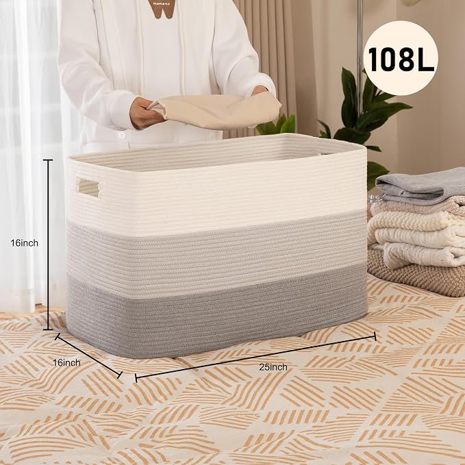 OIAHOMY 108L Super Large Blanket Basket, 25”x16”x16”(108L) Rectangle Woven Baskets for Storage, Cotton Rope Basket For Living Room, Toy Storage with Handle - Gradient Grey