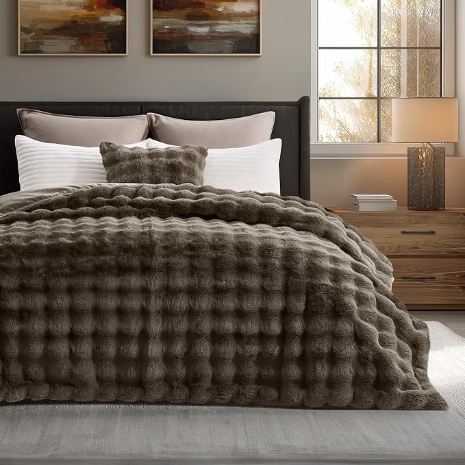 Faux Rabbit Fur Bubble Throw Blanket, 90"x90", Dark Taupe | Ultra Soft, Luxury Faux Rabbit Fur Throw, Thick Warm Bubble Blanket, Cozy Fluffy Reversible, for Bed, Couch, Chair, Sofa