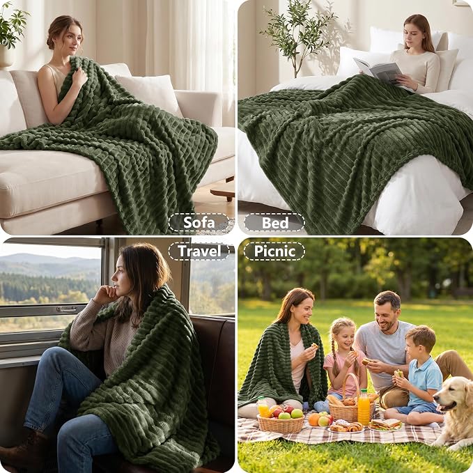 Olive Green Throw Blanket for Couch & Bed, 50 x 60 Inch | 300GSM Ribbed Fleece Blanket, Soft, Cozy & Lightweight, OEKO-TEX Certified, All-Season Use for Travel, Dorm & Home Decor