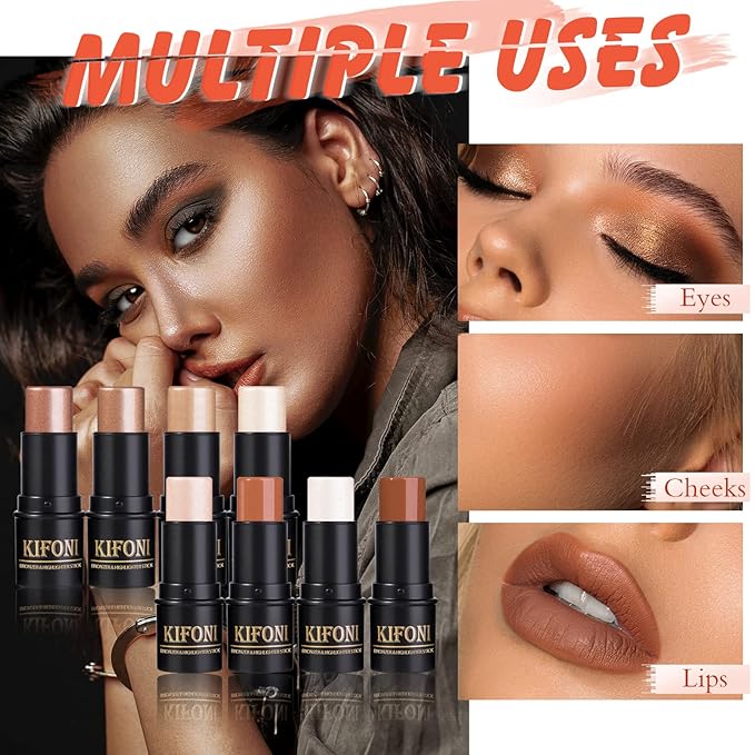2 Pcs Cream Contour Stick Makeup Kit, Cream Highlighter Stick & Contour Bronzer Stick for Cheeks, Lightweight Blendable Smooth -Highlighter & Bronzer (#05 Beige Gold #08 Brown)