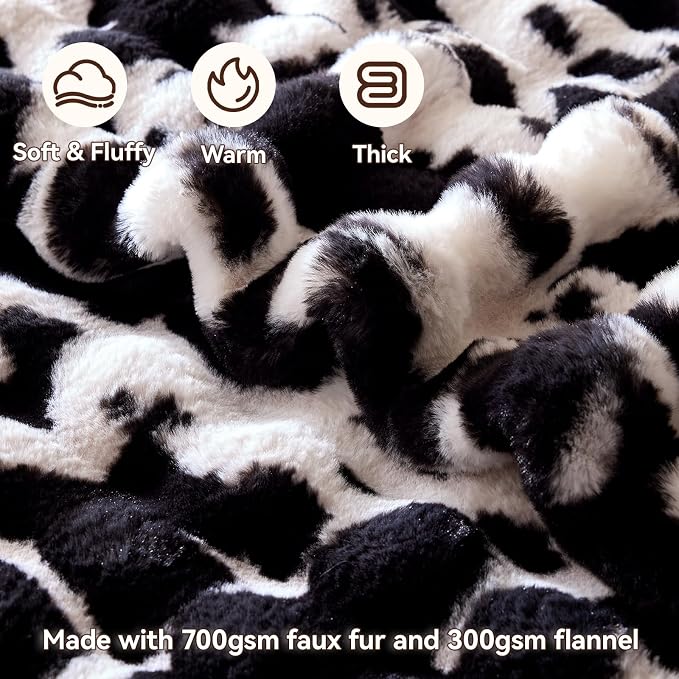 Anysay Faux Fur Throw Blanket, 1000GSM Fluffy Soft Bubble Blanket 50''*60'' | Cozy Plush Warm and Thick Blanket for Couch Bed, Fuzzy Rabbit Throw for Living Room Bedroom Cow Blcak