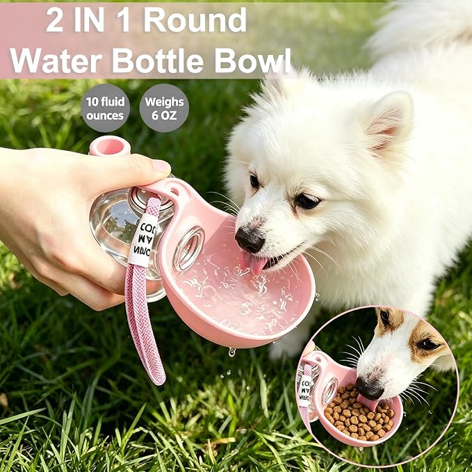 Dog Water Bottle Portable, 2in1 Round Dog Water Bowl PET 10oz