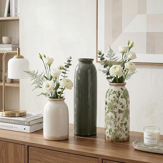 Vintage Ceramic Vase Set of 3, Flower Small Chinoiserie Vase Rustic Modern Farmhouse Centerpiece Decorative Pottery Vases for Table Mantel Entryway Bookshelf Living Room Kitchen Home Decor
