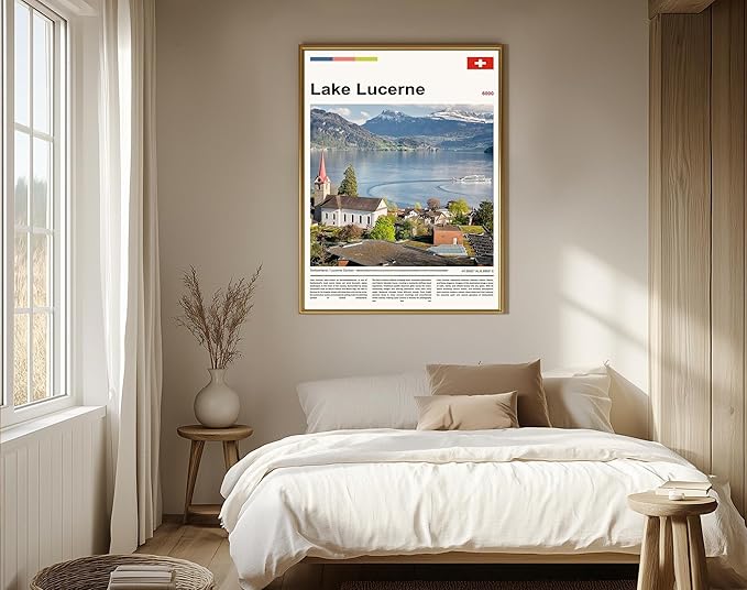 Poster Lake Lucerne Wall Art Original Design(24"x16" Golden Frame) Switzerland Alps Landscape Print European Travel Scenery Nature Photography Swiss Mountain View Picture