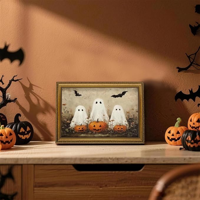 JLTULT Cute Ghost Halloween Wall Art, Vintage Framed Canvas, 12 x 16 In | Cute ghosts and pumpkins on fade-resistant canvas with a ready-to-hang ornate PS frame for entryways and Halloween displays