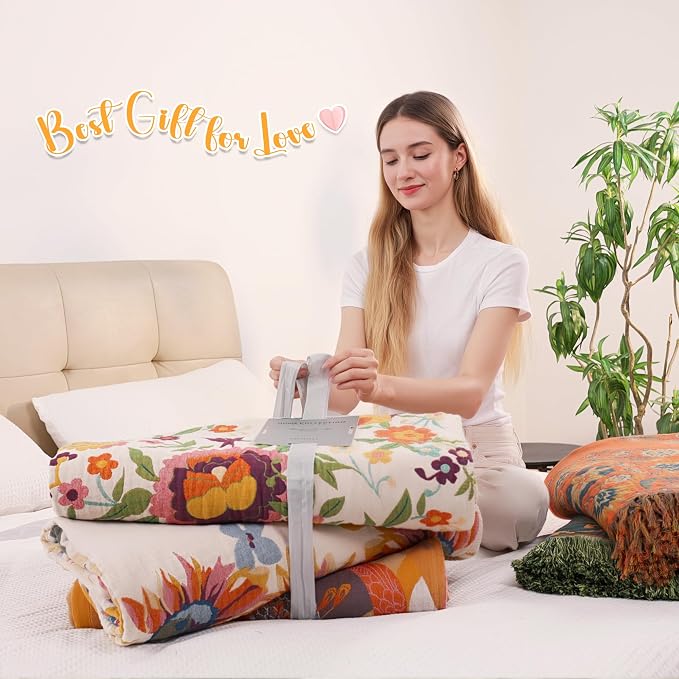 VANJOROY Boho Throw Blanket, 100% Organic Muslin Cotton Skin-friendly Breathable Ultra Soft Bed Quilt Throw - All Season Bohemian Decor Luxury Colorful Blanket for Sofa Couch Chair and Gift. 80" x 90"