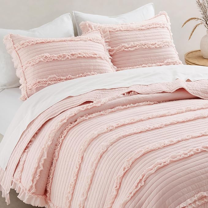 Ultra Soft Ruffle Fringed Quilt King Size,Shabby Chic Rustic Pink Bedding Set, Stone Washed Boho Decorative Quilt with 2 Pillow Shams for All Season