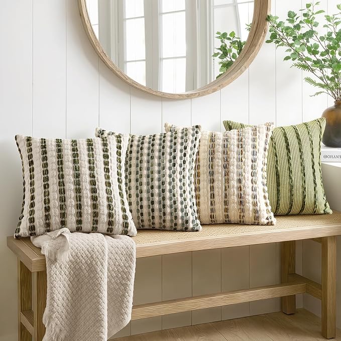 ANRODUO Boho Chenille Decorative Pillow Covers 18x18 Set of 2 Green White | Textured Tufted Stripes Woven Cushion Case, Farmhouse Accent Neutral Pillowcase for Couch Sofa Bed Living, Room Decor