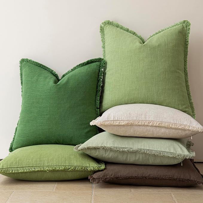 Foindtower Set of 2 Decorative Linen Fringe Throw Pillow Covers Cozy Boho Farmhouse Cushion Cover with Tassels Soft Accent Pillowcase for Couch Sofa Bed Living Room Home Decor,26×26 Inch,Lime Green