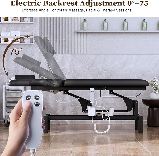 Olela 2 Motor Electric Massage Table, Professional Massage Table with Electric Adjustable Height & Backrest, Wide Treatment Tables with Metal Frame, PU Leather for Massage, Spa, Tattoo