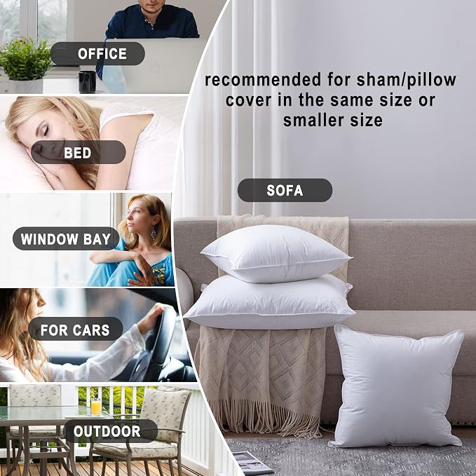 HITO 18x18 Pillow Inserts (Set of 2) - Down Alternative 100% Cotton Cover Decorative Square Throw Pillows White for Couch Bed Sofa