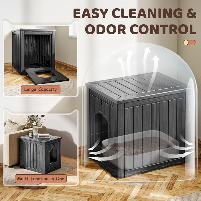 KAMABOKO Cat Litter Box Enclosure, Waterproof Plastic Hidden Litter Box Furniture with Openable Door, Multi-Functional Cat Furniture for Living Room Bedroom (Black)
