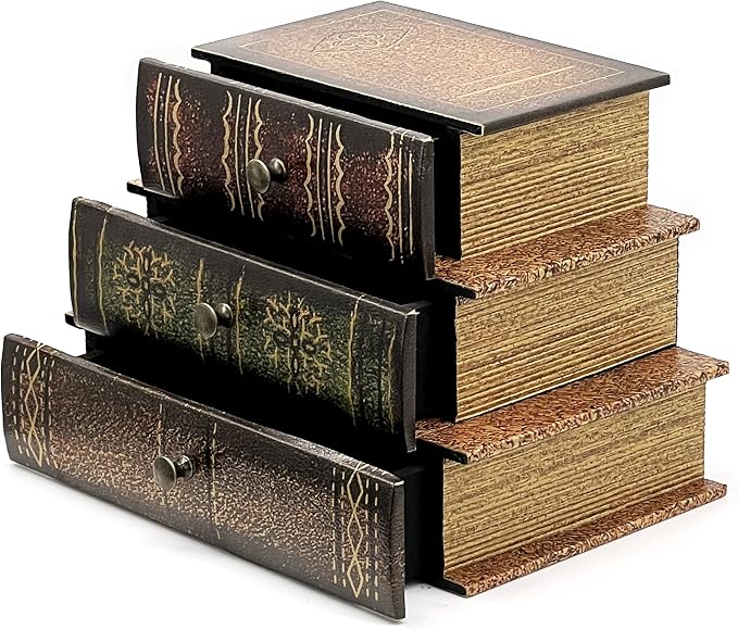Bellaa 21093 Decorative Book Box with Drawers Hidden Storage Trinket Vintage Antique Flux Leather Wooden Boxes Organizer Retro Farmhouse Boho Home Decor 8 by 6 Inches