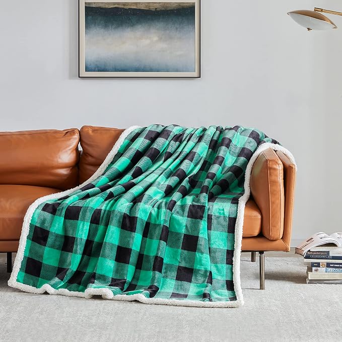 Sherpa Green and Black Buffalo Plaid Christmas Twin Blanket 60" X 70", Fuzzy Fluffy Soft Cozy Blanket, Fleece Flannel Plush Microfiber Blanket for Couch Bed Sofa (Green and Black)