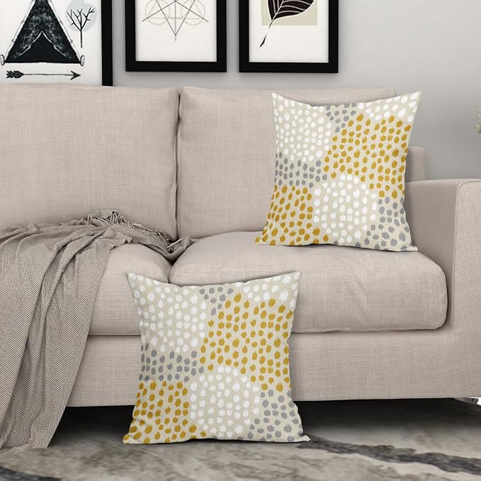Yellow White Pillow Covers 16x16 Set of 2 Boho Gray Polka Dot Throw Pillows Modern Trendy Print Decorative Outdoor Farmhouse Pillowcase Cushion Cover Linen Pillow Case Decor for Home Sofa Couch Bed