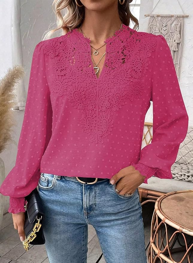 Womens Tops Swiss Dot Boho Long Sleeve Shirts V Neck Casual Chiffon Blouses Flowy Lace Hem Cute Clothing Trendy 2026