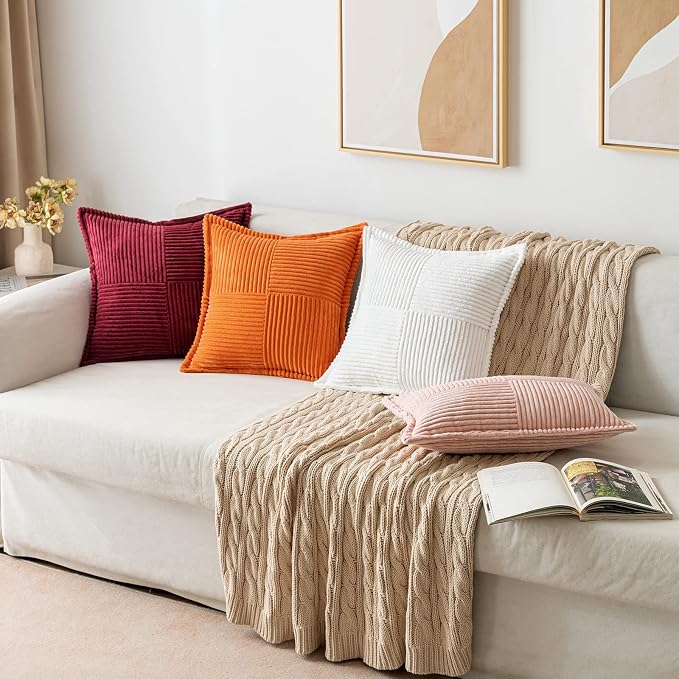 MIULEE Decorative Lumbar Throw Pillow Covers 12x20 Inch White 2 Pack | Boho Broadside Striped Patchwork Pillow Covers, Soft Corduroy Cushion Cases, For Couch Sofa Bed Livingroom Home Decor