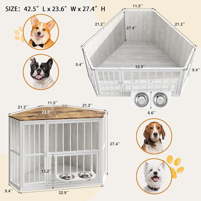 Corner Dog Crate Furniture for Small Dogs, Indoor Kennel, Washed White