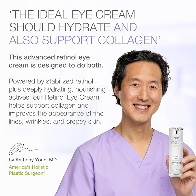 YOUN Beauty Retinol Eye Cream by Plastic Surgeon Dr. Anthony Youn | Paraben-Free Night Eye Cream with Liposomal Retinol & Hyaluronic Acid | Under Eye Cream for Hydration and Skin Firming, 1 Fl Oz