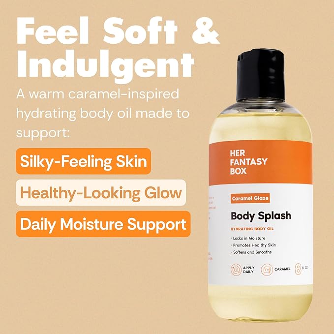 Her Fantasy Box | Body Splash Caramel Glaze Fragrance Oil – Warm Caramel & Vanilla Gourmand Scent, Lightweight Hydrating Body Oil, Vegan & Cruelty Free