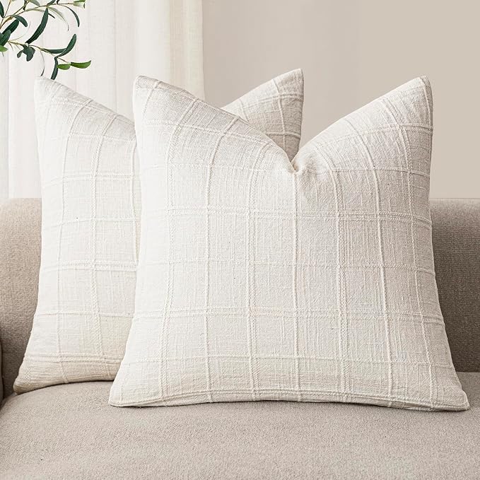 Foindtower Set of 2 Decorative Linen Check Throw Pillow Covers Neutral Farmhouse Vintage Cushion Covers Modern Boho Home Decor for Sofa Chair Couch Bedroom Living Room,26×26 Inch,Cream White