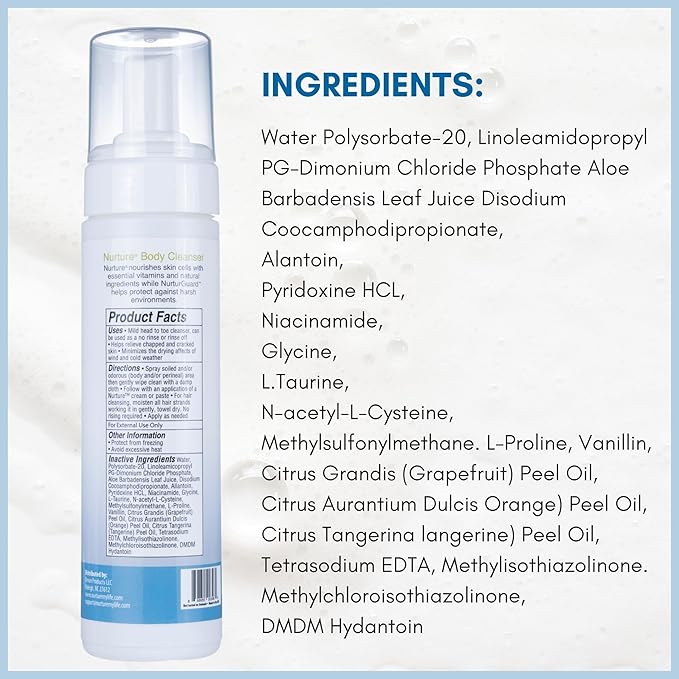 Nurture Rinse Free Waterless Foaming Cleanser | Women, Camping, Elderly & Hospital Care | Waterless Shower & Bath Wash w/Aloe for Sensitive Dry Skin