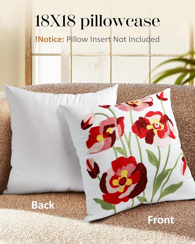 Embroidered Throw Pillow Cover - 18x18 Decorative Pillow Cover with Zipper Aesthetic Cute Design Boho Spring Summer Cozy Throw Pillowcase for Living Room Couch Sofa Bed, Rose Flowers