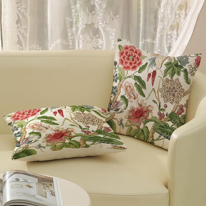 Sage Green Pink Pillow Covers 18x18 Inch Set of 2 Vintage Pink Floral Throw Pillows Chinoiserie Flower Decorative Pillow Case Outdoor Linen Farmhouse Cushion Cover for Couch Sofa Decorations