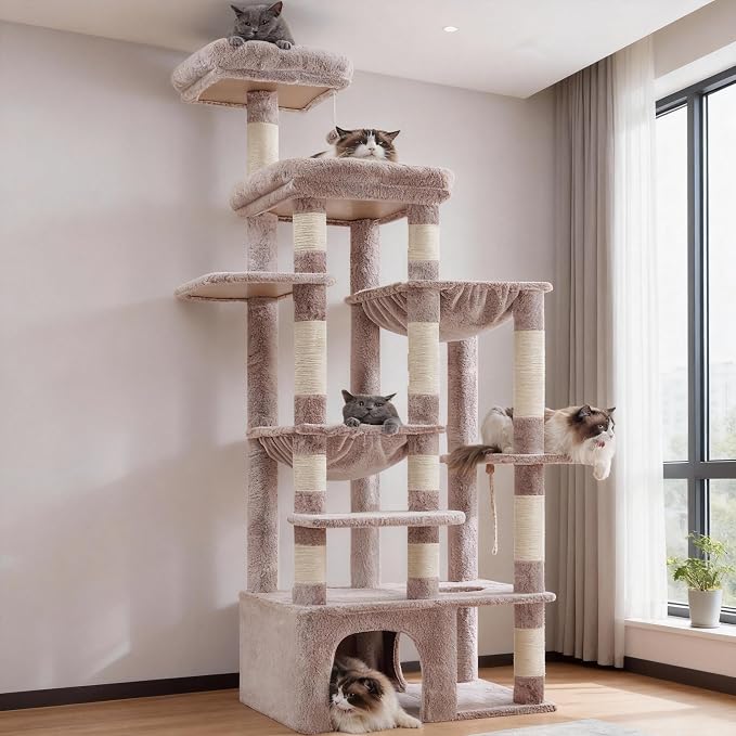 Heybly Cat Tree, 71-Inch Tall Cat Tower for Large Maine Coon Cats HCT037MU | Cat Condo Furniture with Extra-Large Baseboard, Multi-Level Platforms, 2 Hammocks and 12 Scratching Posts, Rosy Brown