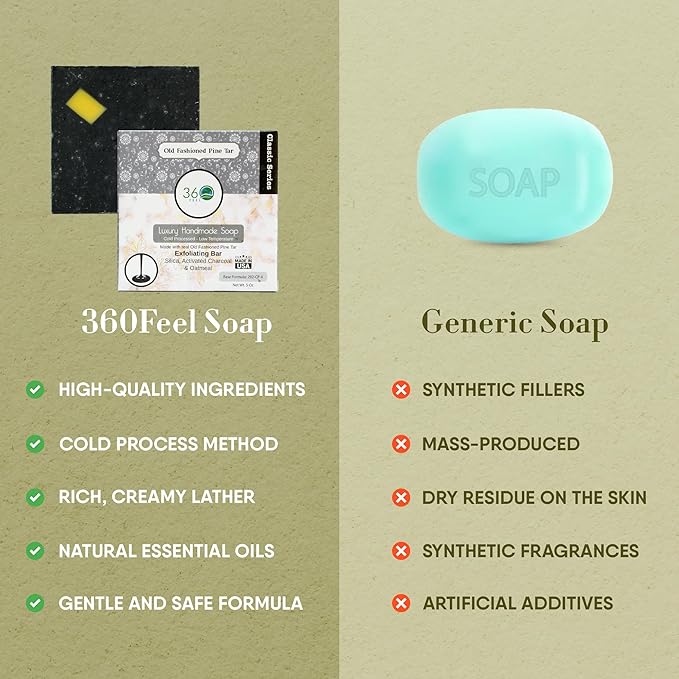 360Feel Pine Tar Bar Soap - Made in the USA - Castile Handmade, All-Natural, Cold-Processed - Infused with Pine Tar for Relaxation & Calm - Rich, Creamy Lather - (5oz)