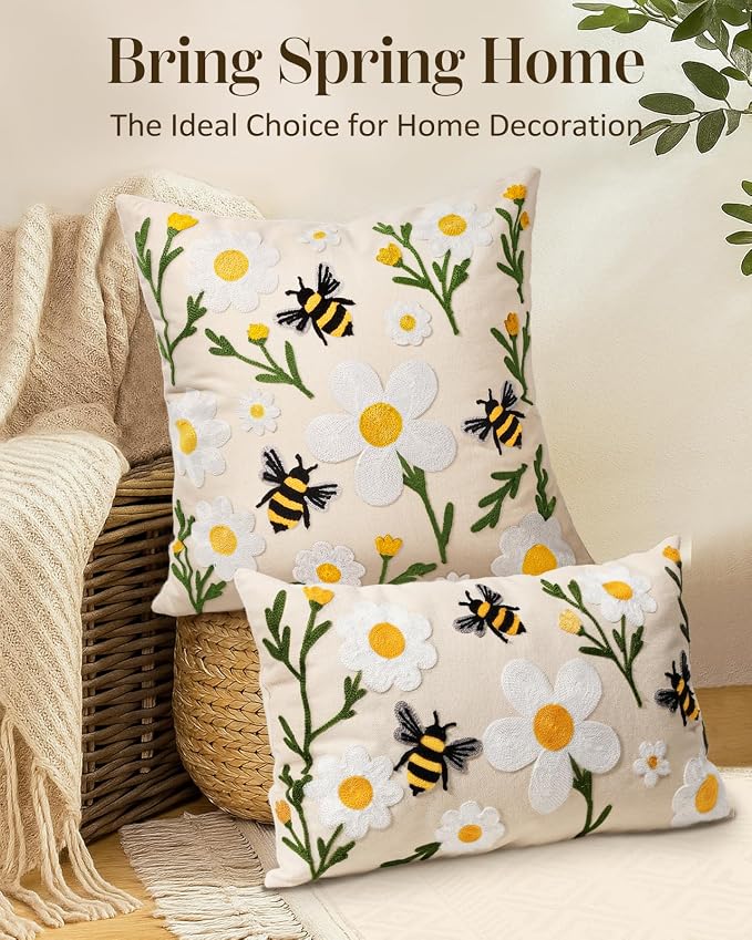 Embroidered Throw Pillow Cover 20x20 Inch, Flower Bee | Decorative Pillow Cover, Floral Farmhouse Cushion Case with Hidden Zipper, Home Decor for Couch, Sofa, Living Room, Bedroom