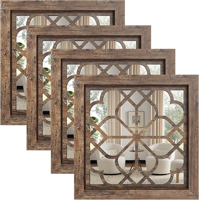 Set of 4 Boho Wall Mirrors with Carved Floral Design, 12x12 Inch Rustic Farmhouse Accent Mirrors, Vintage Style Shatterproof Square Mirror Decor for Living Room, Bedroom，Maroon