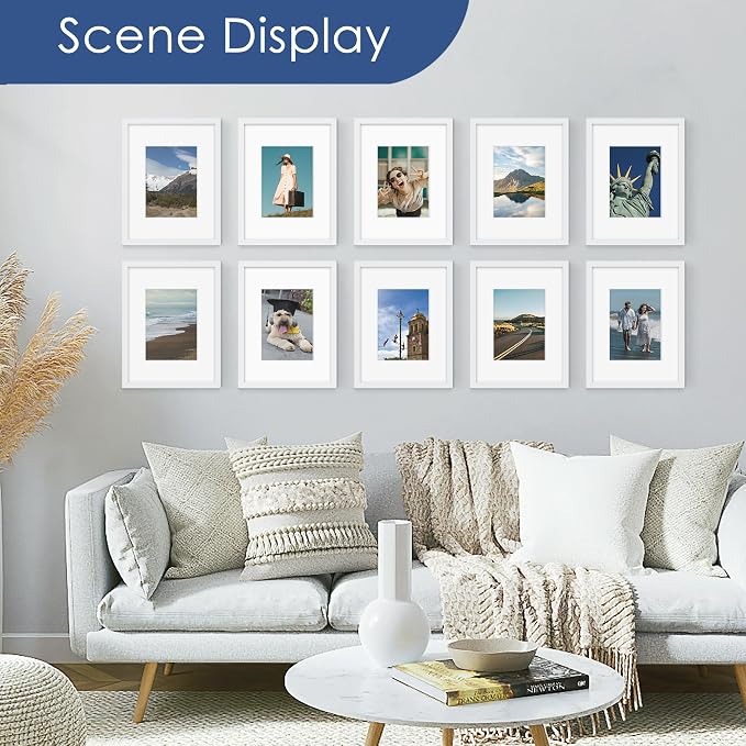 9x12 Picture Frame Set of 6, Wall or Tabletop Display, White | Display Pictures 6x8 with Mat or 9x12 Without Mat, Horizontal or Vertical, Gallery Wall Frame Set, Wedding Birthday Gifts