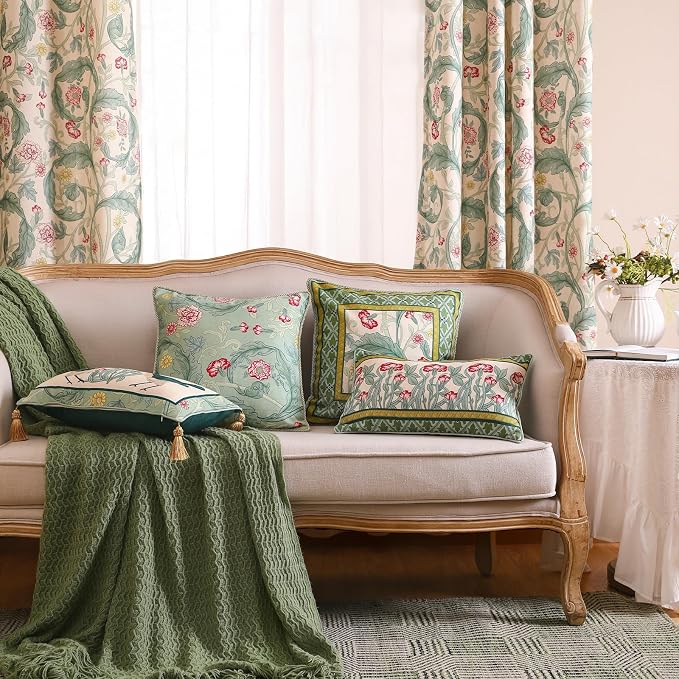 patdrea Designer French Vintage Linen Throw Pillow Cover,18"x18"-Cecilia B | Decorative Pillow Case with Zipper,Green Floral Pattern,Cushion Coverfor Couch Living Room Bedroom Sofa