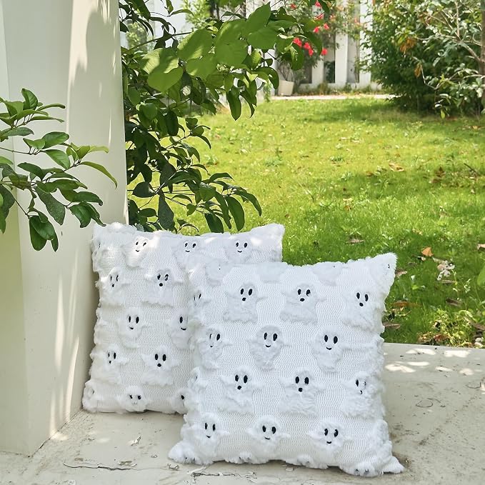 Pack of 2 Best Gift Happy Halloween White Ghost Decorative Throw Pillow Cover Cushion Case for Bed Couch Sofa Farmhouse 18''X18'inches (Ghost)