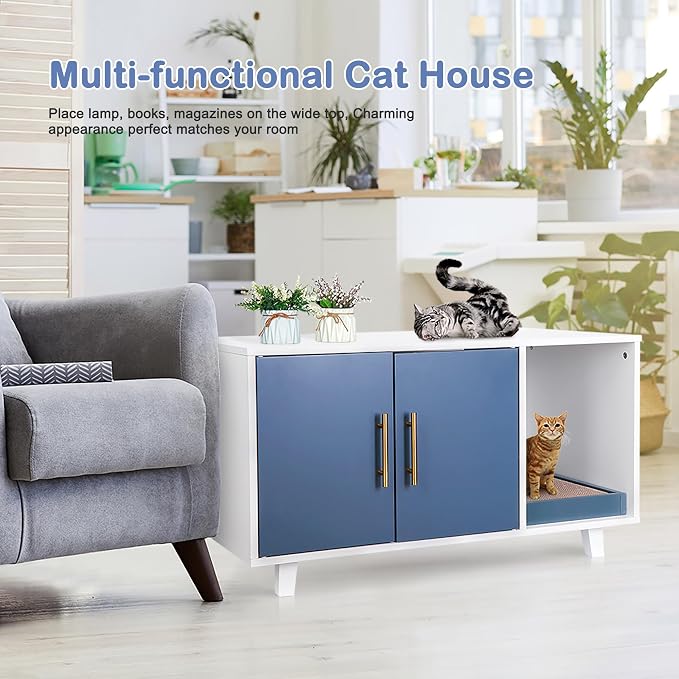 Pet Republic Cat Litter Box Enclosure Hidden Litter Box Furniture Wooden Cat Washroom Cat House Table Nightstand with Scratch Pad