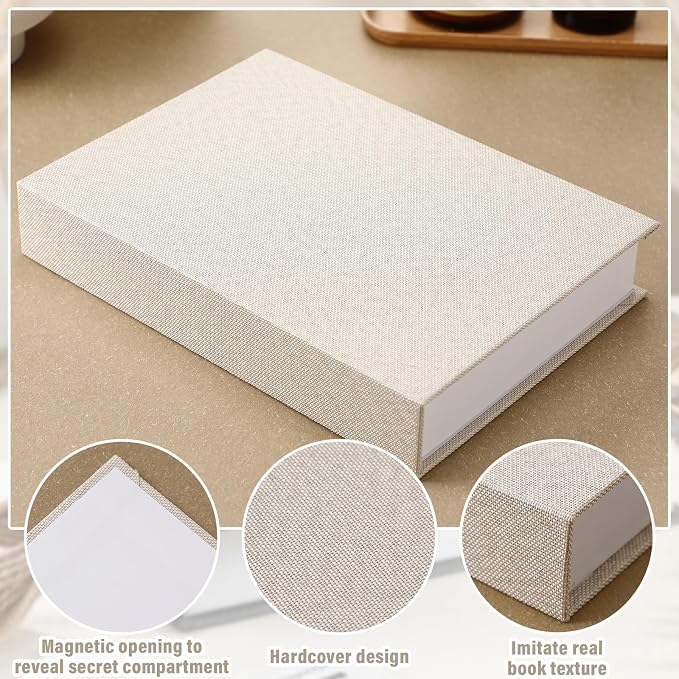 Tioncy 3 Pcs Decor Linen Faux Book Box Set Aesthetic DIY Fake Linen Book Box for Decor Storage Cafe Table Bookshelf Gift Home Keepsake(8.6 x 6.1 x 1.8 Inch,Creamy White)