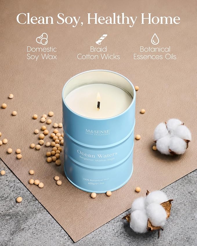 M&SENSE Ocean Waters Scented Candles Large Beach Candle, Summer Soy Candles 21.2oz 120 Hour Slow Burning,Aromatherapy Candle for Stress Relief Meditation Relaxing