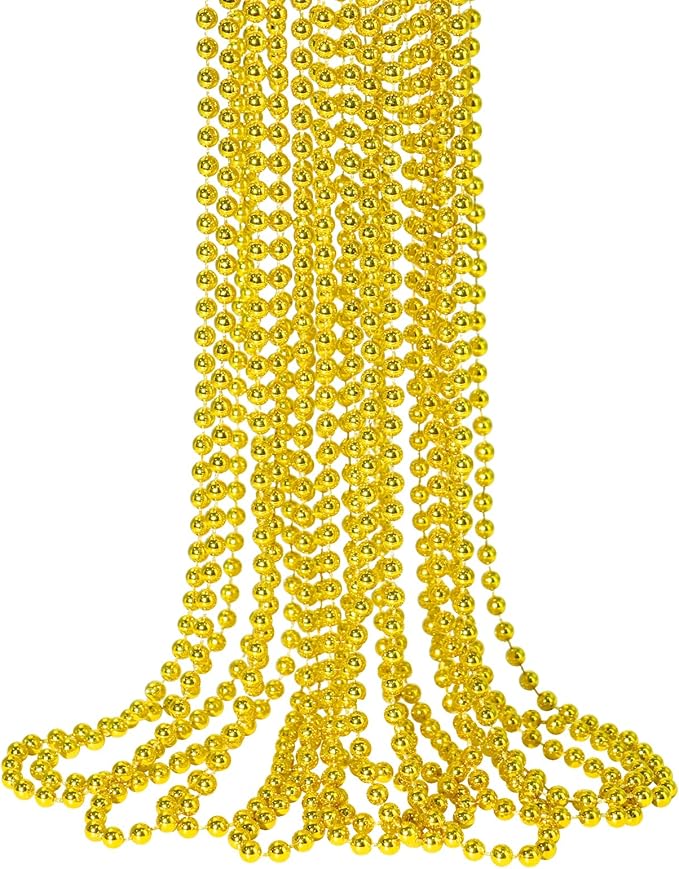 SHAOQINLIN 12 PCS Gold Bead Necklace, Mardi Gras Beads Christmas Necklaces 33" Metallic Beaded Costume Party Necklaces for Parade Throws, Wedding, Birthday, Pirate Party Favors