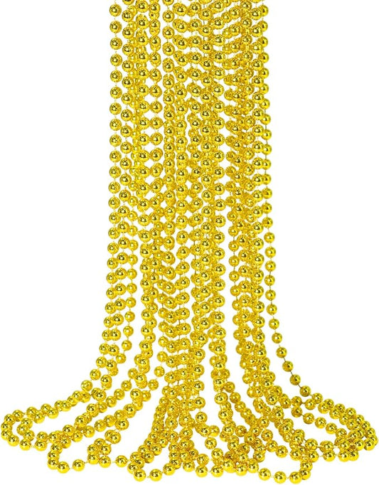 SHAOQINLIN 12 PCS Gold Bead Necklace, Mardi Gras Beads Christmas Necklaces 33" Metallic Beaded Costume Party Necklaces for Parade Throws, Wedding, Birthday, Pirate Party Favors