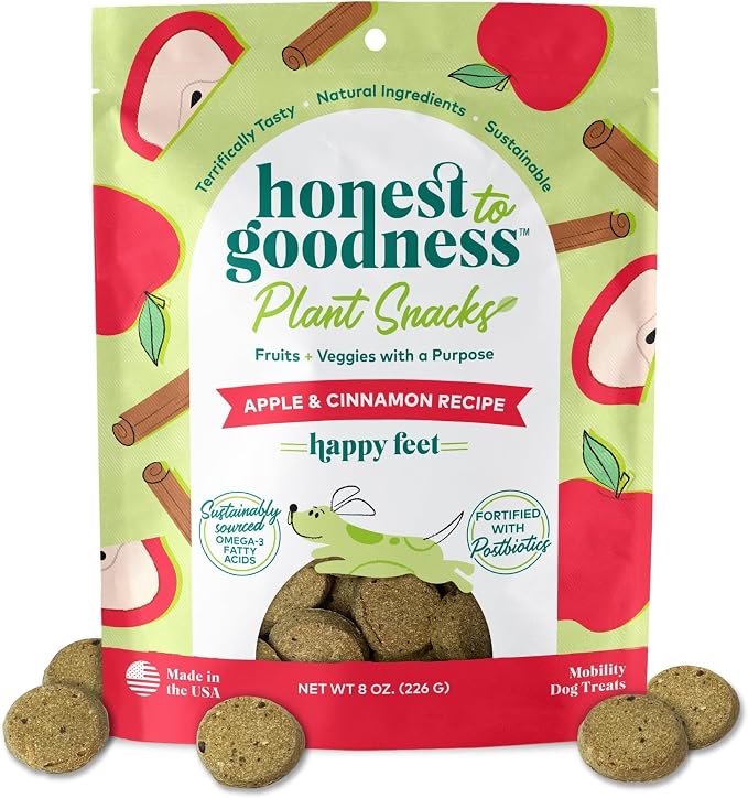Honest to Goodness Plant Snacks Apple & Cinnamon Dog Treats, 8 oz | Crunchy, Plant-Based, Happy Feet Mobility Support, Enriched with Omega 3 Fatty Acids, Fortified with Postbiotics, USA Made