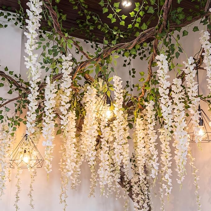 Enchanted Fairy Classroom Set, Artificial White Wisteria Vines | Hanging Flowers with Greenery for Ceiling Decor, Indoor Outdoor Party Fairy Decorations, Easy DIY for Bedroom Garden