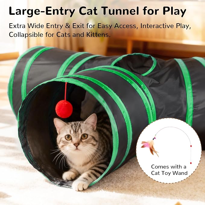 Tempcore Cat Tunnel, 3-Way Collapsible Toy for Indoor Cats, Black & Green