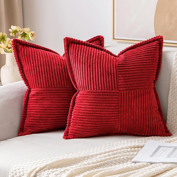 MIULEE Decorative Throw Pillow Covers for Couch 20x20 Inch Red 2 Pack | Boho Broadside Striped Patchwork Pillow Covers, Soft Corduroy Cushion Cases, For Sofa Bed Livingroom Home Decor