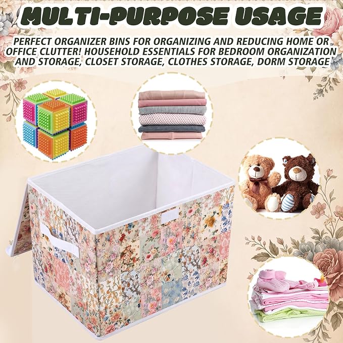 Briwooody Vintage Floral Storage Bin with Lid and Carrying Handle Retro Flower Foldable Storage Box Large Farmhouse Decorative Collapsible Container Basket for Organizing Closet Home Bedroom Gift