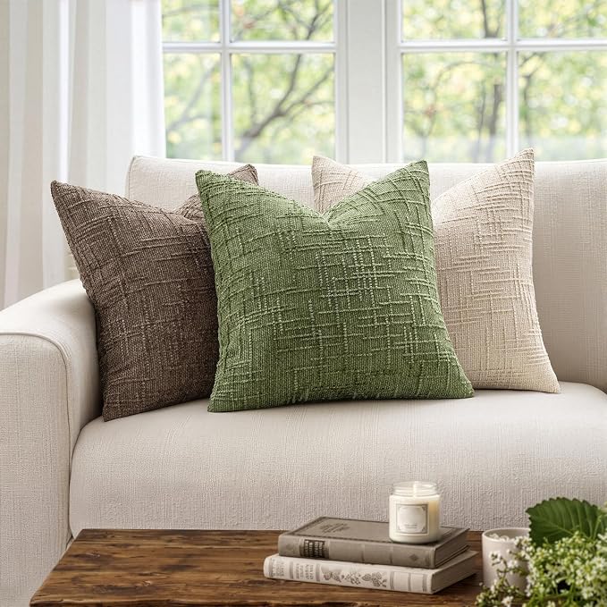 MIULEE Chenille Textured Throw Pillow Covers Sage Green 18x18 Set of 2 | Slubby Decorative Pillows, Boho Farmhouse Home Decor, Modern Neutral Cushion Covers for Couch Sofa Bed Living Room