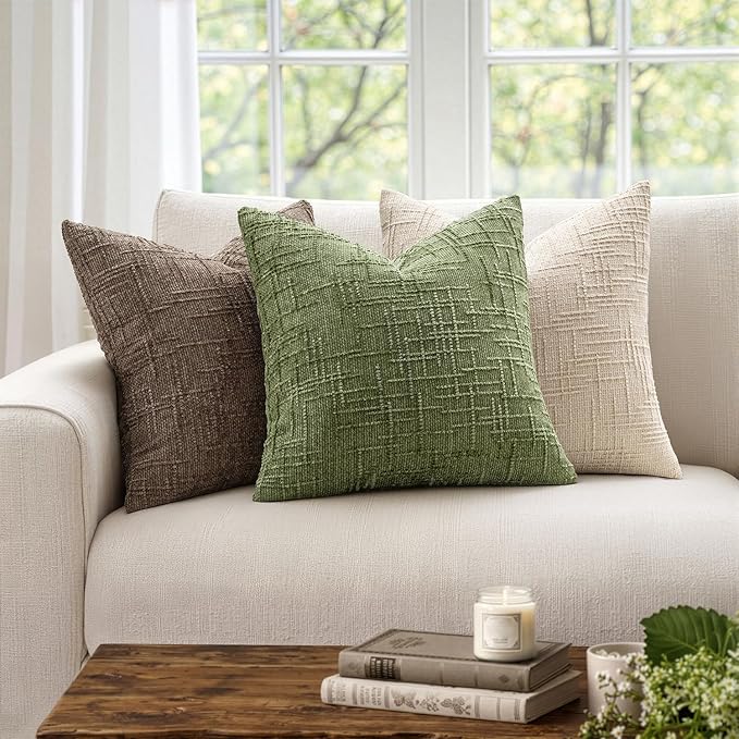 MIULEE Chenille Textured Throw Pillow Covers Sage Green 20x20 Set of 2 | Slubby Decorative Pillows, Boho Farmhouse Home Decor, Modern Neutral Cushion Covers for Couch Sofa Bed Living Room