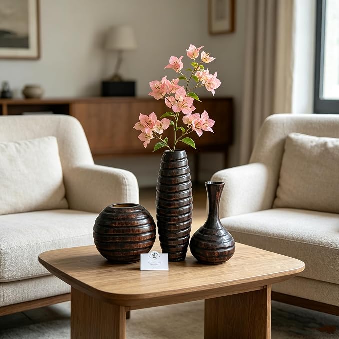Hosley's Set of 3 Carved Wood Vases Small 6" Medium 8" and Tall 12" High. Ideal Gift for Floral Arrangements Wedding and Use for Home Office Decor Fireplace Floor Vases Spa Aromatherapy Settings
