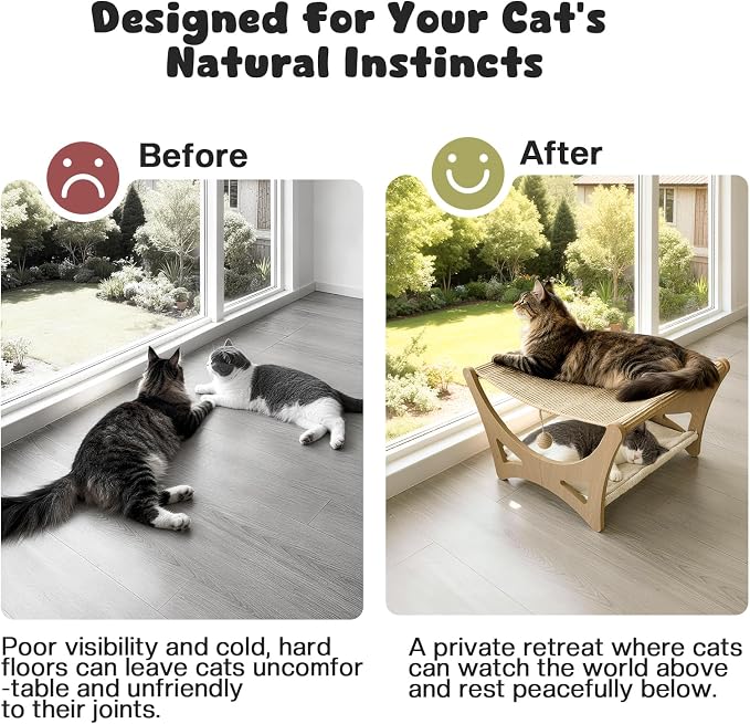 Double-Layer Cat Hammock Bed, Wooden Elevated Cat Beds with Natural Sisal Scratching Mat, Cats Scratcher Bed with Removable Soft Cushion, Cats Scratching Beds with Wood Frames